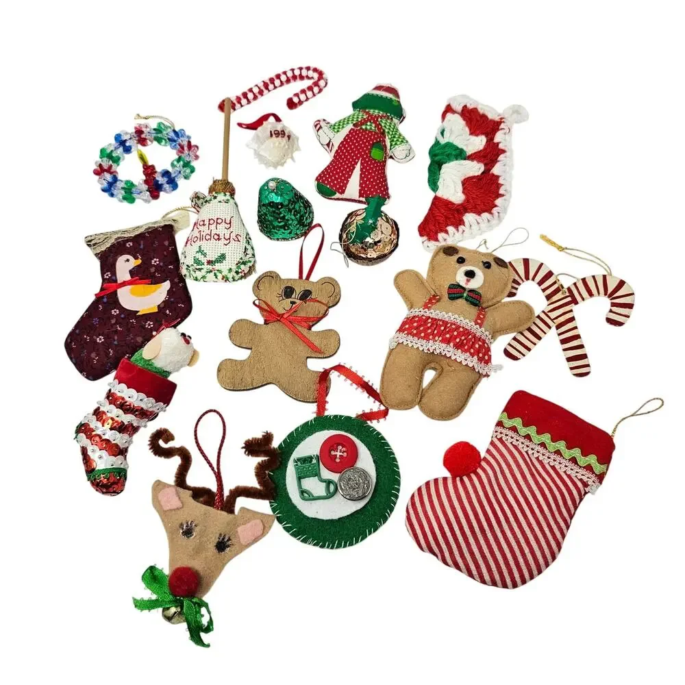Vintage Christmas Ornaments Mixed Lot Handmade Set of 16 Wood Cloth Bead More